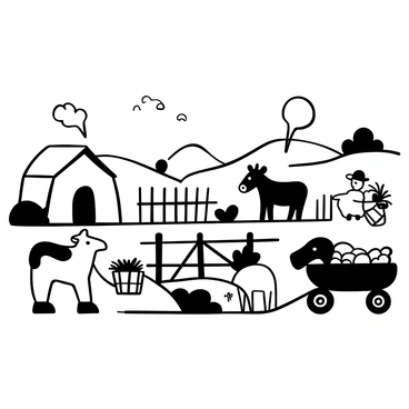 A countryside farm scene featuring a variety of illustrated animals working together. A cow and a pig are standing beside a barn, with the cow holding a pitchfork and the pig carrying a basket of vegetables. A sheep is shearing grass near a fence, while a horse pulls a cart filled with hay. In the background, rolling hills stretch into the distance with a few trees scattered about. Floating speech bubbles above the animals indicate they are communicating. A clear sky is present above the entire scene.