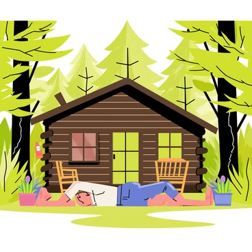 A person lying flat on their stomach, known as planking, on the wooden porch of a rustic cabin nestled in a dense forest. The cabin is made of dark brown logs with a sloped roof, surrounded by tall green trees and vibrant foliage. Sunlight filters through the leaves, casting dappled shadows on the porch. There are a few potted plants and a wooden rocking chair positioned beside the cabin, adding to the cozy atmosphere of the scene. The person is wearing casual clothing, their arms and legs stretched out evenly.