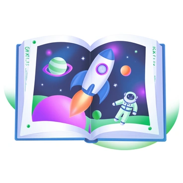 An illustration featuring a "rocket ship" soaring through a starry sky. Surrounding the rocket are "astronauts" in space suits, floating in zero gravity. The background is filled with "planets," "nebulae," and "twinkling stars." The scene is framed by the "margins of an open science book," with scientific diagrams and text visible on the pages.