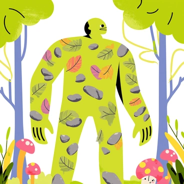 A giant made of abstract natural elements like leaves and stones in a whimsical forest