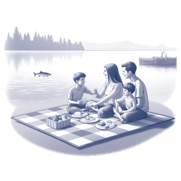 A family is gathered on a checkered blanket spread out on the grass beside a lake. The family consists of two adults and two children, sitting and enjoying various foods laid out on the blanket. Nearby, there is a wicker basket filled with fresh fruit and sandwiches. The lake is calm, with gentle ripples reflecting the surrounding trees. A walleye is swimming just below the surface near the shore, its distinct shape visible in the water. The scene captures a moment of leisure, with the sun shining down on the family as they share laughter and food.