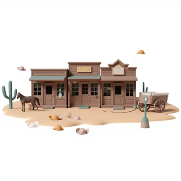 A wild west town set with wooden saloons, cowboy hats, and a dusty main street