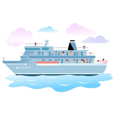 A large cruise ship is gliding through calm waters. The ship has multiple decks, with passengers scattered across them, some leaning against the railings and others sitting on deck chairs. The passengers, dressed in summer clothing, are gazing out at the horizon, taking in the scenery. The background features a gradient of pastel colors in the sky as the sun begins to set, casting warm hues over the water. There are fluffy clouds that add to the tranquil atmosphere of the scene. The gentle waves reflect the colors of the sky, enhancing the serene setting.