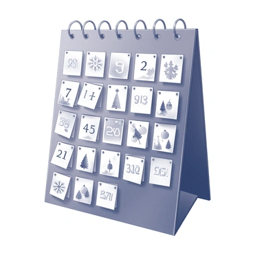 An advent calendar displayed prominently, featuring a grid of numbered doors. Each door is adorned with a unique festive illustration, such as snowflakes, Christmas trees, and ornaments. The numbers on the doors are clearly visible and distinct. The overall design is playful, inviting a sense of anticipation and joy for the holiday season. The calendar has a charming structure, with each door slightly ajar, hinting at surprises waiting inside.