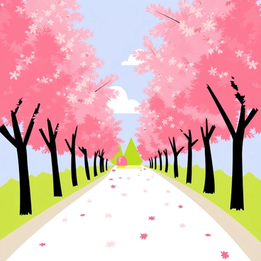 A street lined with numerous cherry blossom trees with vibrant pink flowers in full bloom. The trees are adorned with clusters of delicate blossoms, creating a canopy of pink overhead. A gently paved walkway runs through the scene, inviting pedestrians to stroll beneath the blooming branches. Soft petals are scattered on the ground, adding to the picturesque view. In the background, a clear blue sky enhances the beauty of the scene.