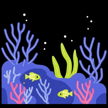 A dark underwater scene featuring vibrant bioluminescent coral patterns glowing in various shades of blue, green, and purple. The coral forms intricate designs that appear to pulse with light, illuminating the surrounding water. Small fish with shiny scales swim gracefully among the coral, their bodies reflecting the colorful light. Tiny bubbles rise to the surface, adding to the magical atmosphere created by the glowing corals.