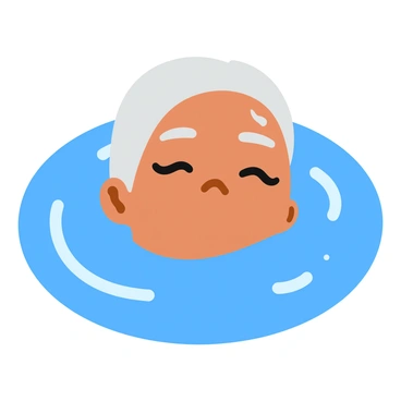 A face partially emerging from calm, reflective water, with gentle ripples surrounding it. The water's surface captures the soft light, creating a shimmering effect. The face has serene features, with closed eyes and a peaceful expression. The color of the water is a deep blue, contrasting with the warm tones of the skin. Small droplets of water cling to the face, enhancing the overall tranquility of the scene. The background remains blurred, emphasizing the face and the rippling water.