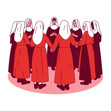 A group of handmaids dressed in vibrant red garments stands in a circle, their hands clasped together. The handmaids' white bonnets frame their faces, creating a striking contrast with their attire. The setting features a minimalist yet solemn atmosphere, with a subtle background that hints at the architecture of Gilead. The ground beneath them is a muted color, emphasizing the intensity of the handmaids' red clothing. Their expressions are focused and serious, reflecting the gravity of the ceremonial gathering.