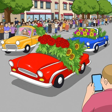 A vibrant parade of colorful cars driving down a bustling street. Each car is uniquely decorated with extravagant floral arrangements. One car has bright red roses cascading down its hood, while another features cheerful sunflowers and lush green ferns. A third car displays an array of multicolored tulips arranged neatly on the sides. The vehicles are shiny and polished, glimmering in the sunlight. Spectators line the street, some waving flags, and others taking photos, all enjoying the lively atmosphere of the parade.