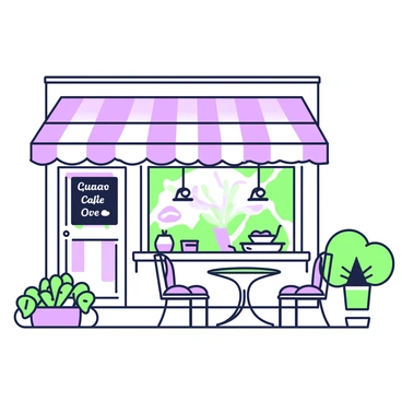 A cozy cafe with outdoor seating is depicted in a line work illustration. The cafe has a welcoming facade with large windows displaying pastries and coffee drinks. In front of the cafe, several round tables with chairs are arranged, inviting customers to sit. Each table is adorned with potted plants, which add a touch of greenery to the scene. The cafe's entrance features a small chalkboard sign displaying the day's specials. Above, an awning provides shade to the outdoor seating area, creating a comfortable atmosphere.