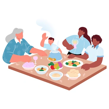 Three generations are gathered around a square dining table made of light wood. The table is set with an array of colorful dishes, featuring a vibrant salad, a steaming pot of pasta, and an assortment of bread. The grandmother, wearing a floral blouse, is serving the pasta, while the mother, in a casual shirt, is pouring drinks into glasses. The child, sitting between them, is reaching for a piece of bread. A warm tablecloth with intricate patterns covers the table, and a large bowl of fruit is placed at the center, surrounded by flickering candles that add a soft glow to the scene.