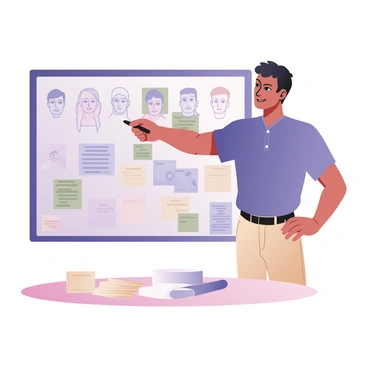 A product owner is standing in front of a glass board, which is filled with colorful drawings and notes. The board features several user personas sketched in a simple, flat style, displaying diverse characters with different hair colors and styles. Each persona has accompanying notes written in blue and green markers outlining their traits, goals, and behaviors. The product owner has medium skin and short, dark hair, wearing a blue button-up shirt and beige pants. They are actively pointing at one of the personas on the board with a black marker, while a stack of blank sticky notes and a few markers are placed on a nearby table. The environment is bright, with natural light coming from a window in the background.