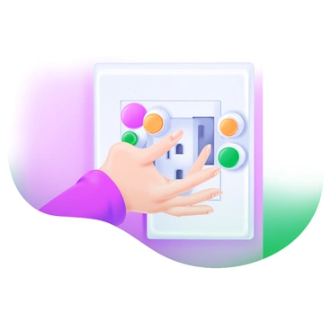 A child's tiny hand with delicate fingers is reaching towards a wall socket that has safety covers securely in place. The wall is painted in soft pastel colors, and the safety covers are bright and colorful, adding a playful touch. The child’s hand is slightly outstretched, with a look of curiosity. The background is softly blurred, emphasizing the hand and the wall socket.