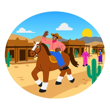A cartoon-style illustration of "Vadivelu" depicted as a cowboy, wearing a wide-brimmed hat and a bandana around his neck. He sits confidently on a brown horse, which trots along a dusty trail in a vibrant desert town. The background features wooden saloons with swinging doors and cacti scattered throughout the arid landscape. "Vadivelu" has a playful expression on his face as he waves to townsfolk, who are watching him with curious smiles. The sky is bright blue, and the sun casts warm rays over the scene, creating a lively atmosphere.