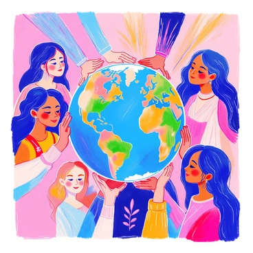 A globe sits at the center of the image, vividly colored with blue oceans and green continents. Surrounding the globe are women of diverse ethnicities and appearances, each holding hands with the others. They are dressed in a variety of traditional and modern clothing, showcasing different cultures. The women's expressions convey warmth and togetherness, symbolizing unity and support. The background is filled with soft colors that enhance the feeling of connection among the women.