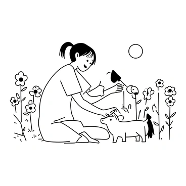 A girl sitting on the grass, playing with a small puppy. The girl is wearing a light dress with short sleeves, and her hair is tied in pigtails. The puppy is a fluffy dog with large ears, wagging its tail excitedly. Surrounding them is a garden filled with various types of flowers, each with distinct shapes and sizes. The flowers are in full bloom, creating a lively scene. The sun is shining down, casting shadows of the girl and the puppy on the ground.