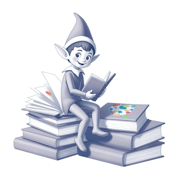 An elf on the shelf sitting among a stack of children's books. The elf has pointy ears and a cheerful expression. It is holding a small book in its hands and is intently reading. The stack of books is arranged in varying sizes, some open, and revealing colorful illustrations. The elf is perched comfortably, with its legs dangling over the edge of the stack. The surrounding environment is cozy, suggesting a playful atmosphere.