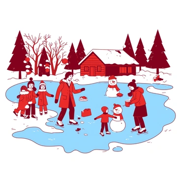 A red winter festival scene is filled with families enjoying ice skating on a large frozen pond. In the background, there are tall pine trees dusted with snow. Families are bundled up in colorful winter attire, with some children laughing as they glide on the ice. Nearby, a group of children is building a snowman, complete with a carrot nose and a scarf. In front of a rustic wooden cabin, a mother holds a steaming mug of hot cocoa, while a child reaches up, eager to take a sip. The atmosphere is lively and festive, with bright decorations hanging from trees around the pond.