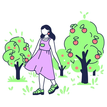 A girl is standing in a summer orchard filled with cherry trees heavy with ripe fruit. She has long hair cascading down her shoulders and is wearing a light, flowing dress. Her earrings are shaped like cherries, creating a playful contrast against her outfit. The sunlight filters through the leaves, casting soft shadows on the ground. In the background, there are more cherry trees, their branches adorned with clusters of bright red cherries. A subtle breeze rustles the leaves, adding to the tranquil atmosphere of the orchard.