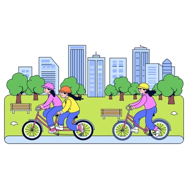 A group of children riding colorful bicycles in a bustling city park. The children are wearing bright helmets and cheerful clothing as they pedal energetically. Surrounding them are green grass and scattered trees. In the background, tall skyscrapers rise against the sky, showcasing a busy urban environment. A few park benches and playground equipment can be seen nearby, adding to the lively atmosphere of the park.