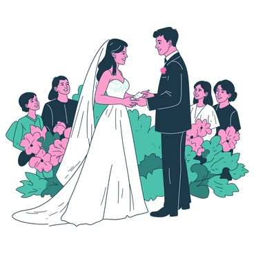 A couple stands facing each other, making eye contact as they exchange wedding vows. The groom, dressed in a classic black suit, holds a small white piece of paper in his hand. The bride, wearing a flowing white gown, has delicate lace details and a long train that cascades behind her. Surrounding them, there are vibrant flowers in shades of teal and pink, enhancing the emotional atmosphere of the moment. The background features soft green foliage that adds depth to the scene. The couple is surrounded by close friends and family members, all watching with smiles of joy and support.