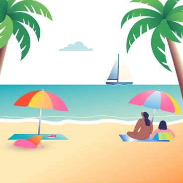 A tropical beach scene features a wide, sandy shore with golden sand and gentle waves lapping at the edge. In the foreground, there are several colorful beach umbrellas in shades of blue, red, and yellow, providing shade to beachgoers sitting on colorful towels. A pair of flip-flops lies partially buried in the sand. A clear sky with a few fluffy white clouds stretches overhead, while palm trees with lush green fronds sway gently in the warm breeze. In the distance, a sailboat with a white sail glides smoothly across the turquoise water.