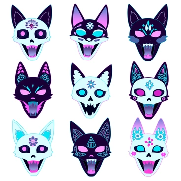 A seamless pattern featuring multiple cat skulls arranged in a grid formation. The skulls showcase various intricate designs, including floral motifs, geometric patterns, and tribal elements. Each skull has distinct features, such as elongated cheekbones and exaggerated eye sockets, creating a diverse visual appeal. The color palette includes shades of black, white, and grey, with splashes of vibrant colors like deep purple and electric blue strategically placed within select skull designs. The background is a solid color to enhance the contrast and visibility of the intricate details in the skulls.