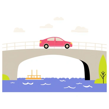 A red car is driving away across a wide gray bridge. The bridge features large white railings on either side. Below the bridge, a deep blue river flows swiftly, with white-capped waves visible. On the right side, green trees line the riverbank, while on the left, a small wooden dock extends into the water. The sky is clear with a few fluffy white clouds scattered above.