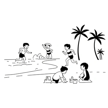 A beach scene featuring children playing in the waves. A group of three children is splashing water as they run towards the shore, laughing joyfully. One child is wearing a striped swimsuit and another has a sun hat. Nearby, two children are kneeling in the sand, focused on building a sandcastle with a small plastic bucket and shovel. The sandcastle has towers and a moat around it. In the background, there are palm trees swaying gently, completing the tropical atmosphere. The sky is clear and the sun is shining brightly.