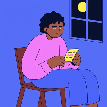 A teenager with short black hair is sitting on a simple wooden chair in a dimly lit room. Their facial expression is tense, with furrowed brows and downturned lips. The light from a smartphone in their hand casts a soft glow on their face, highlighting their features. The smartphone screen displays bold, negative messages in bright colors. The room has bare walls, and a small window is visible, allowing a hint of moonlight to seep in, creating a contrast with the darkness around.