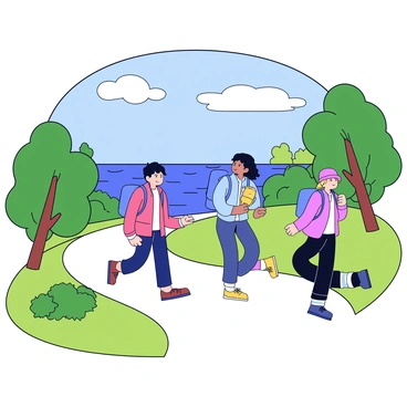 A group of hikers walking along a winding trail. Each hiker carries a small backpack and wears comfortable outdoor clothing. In the background, "Lake Como" is visible below, shimmering under the sunlight. The lush greenery surrounds the trail, with trees and bushes framing the scene. The sky above is clear with a few fluffy white clouds.