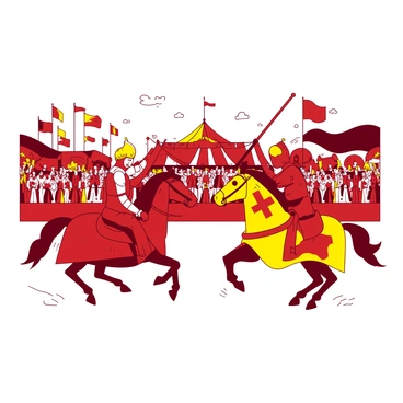 A medieval tournament with knights jousting in colorful armor