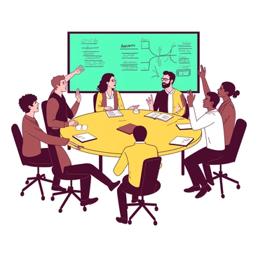 A yellow room filled with a diverse group of men and women seated around a large round table. The individuals are engaged in animated discussions, with some raising their hands to share ideas. On the table, there are various documents and notebooks open, indicating the topics being addressed. In the background, a teal whiteboard features handwritten notes and diagrams summarizing the issues being discussed. The atmosphere reflects a sense of collaboration and community engagement.
