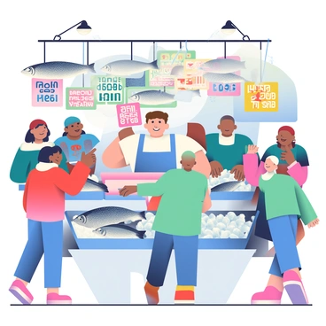 A bustling fish market stall is filled with a variety of freshly caught cod fish on display. The stall features several large ice-filled trays showcasing the glistening cod, their scales shimmering under the overhead lights. Surrounding the stall are colorful signs indicating prices and types of fish, written in bold letters. A vendor with short brown hair is standing behind the stall, wearing a blue apron and smiling as they prepare a fish for a customer. Customers of various backgrounds are gathered around, some pointing at the fish, while others are inspecting the catch closely. The atmosphere is lively, with the sounds of conversation and the occasional splashing of ice.