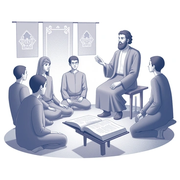 A prophet sitting on a simple wooden stool, surrounded by a group of attentive seekers. The prophet wears a simple robe and has an expression of wisdom and contemplation. The seekers, including men and women of various ages, are seated on the floor in a semi-circle, their faces illuminated by the flickering light of several candles placed on low wooden tables around the room. The walls are adorned with simple tapestries and the atmosphere suggests a sense of curiosity and reverence. The prophet gestures with one hand as if illustrating a point, while a large, open book rests on their lap, filled with handwritten notes and symbols. The soft glow of the candlelight casts gentle shadows across the room, creating a warm and intimate setting.