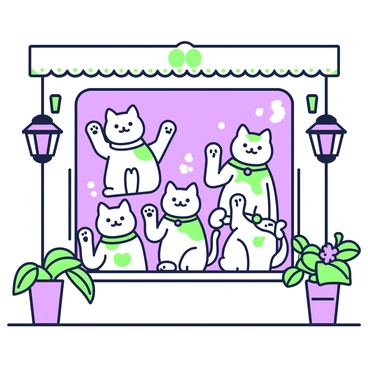 A storefront features a large window filled with a variety of Maneki Neko, also known as lucky cats. Each cat is in different poses, with their paws raised in a waving gesture. The cats are adorned in diverse patterns and designs, showcasing intricate details on their fur and accessories. The window display is complemented by small decorative items, such as miniature lanterns and vibrant floral arrangements on either side of the cats. The scene is inviting and lively, capturing the charm of each Maneki Neko as they greet passersby from the storefront.