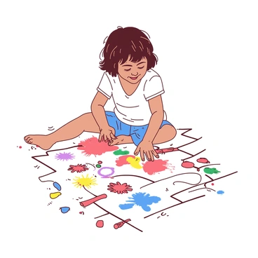 A child is sitting on a white cobblestone street, focused on drawing. The child is using colorful chalk to create various shapes and pictures on the ground. The chalk drawings include flowers, suns, and stick figures in vibrant hues. The child's hands are smudged with chalk dust, and their expression is of concentration and joy. Scattered around the child are several pieces of colorful chalk in different colors. The scene captures the playful spirit of a sunny afternoon.