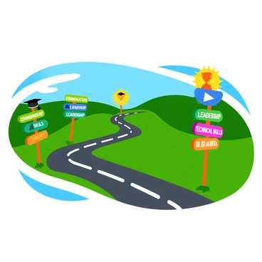 A colorful roadmap featuring a winding path through a landscape. Along the sides of the road, there are signposts displaying various skills and career milestones. Each signpost is illustrated in bright colors with clear icons representing different skills such as "Communication," "Leadership," and "Technical Skills." The milestones are marked with symbols like a graduation cap for education, a briefcase for job experience, and a trophy for achievements. The background shows rolling hills and a sunny sky, contributing to the vibrant atmosphere of the scene.