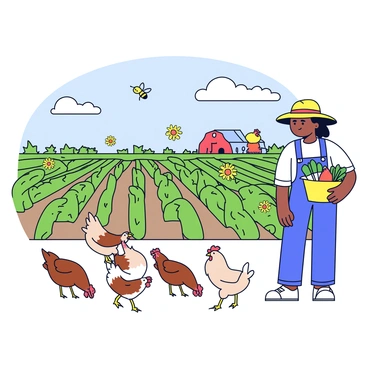 A farm landscape featuring a variety of green crops growing in neat rows. Bright yellow and orange flowers attract buzzing insects hovering around the plants. In the foreground, there are several chickens pecking at the ground, their feathers in shades of brown and white. A farmer wearing a straw hat stands nearby, holding a basket filled with freshly picked vegetables. The sky is clear with a few fluffy clouds, and a distant barn can be seen in the background.