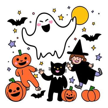 A friendly ghost with a translucent white body and a big smile is floating above the ground. The ghost is surrounded by three children wearing cute Halloween costumes; one child is dressed as a pumpkin, another as a black cat, and the third as a little witch with a pointy hat. The children are laughing and playing together, looking joyful. The atmosphere is illuminated by the bright moonlight, with colorful decorations of bats and pumpkins scattered around. The background features a starry sky, enhancing the festive Halloween night.