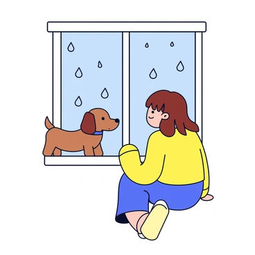 A girl with long brown hair is sitting by a window. She is wearing a cozy yellow sweater. Beside her is a small brown dog with floppy ears. The girl and her dog are looking out at the rain falling outside. Raindrops are sliding down the windowpane, creating a pattern of small beads. The scene captures a moment of curiosity and companionship.