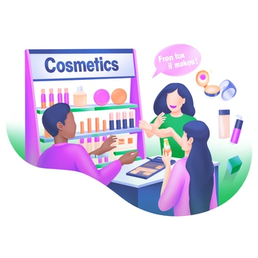 A modern pastel illustration of a lively cosmetics booth at a trade show. The booth features a colorful display of various makeup products, including lipsticks, eyeshadows, and foundations arranged neatly on shelves. A large sign at the back displays the brand name in bold, stylish letters. Visitors of diverse backgrounds are enthusiastically trying free makeup samples, with one person applying lipstick while another tests out a foundation on their hand. Nearby, a friendly staff member demonstrates a makeup technique to an interested visitor. The atmosphere is vibrant and engaging, filled with excitement and curiosity.