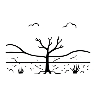 A barren landscape with cracked soil gradually transitioning into a desert. The horizon is marked by rolling dunes. In the center, a solitary tree stands upright, its branches reaching out with a few sparse leaves. The ground around the tree is dry and parched, contrasting with the barren patches nearby. The sky above is vast, with a few wispy clouds scattered across it.