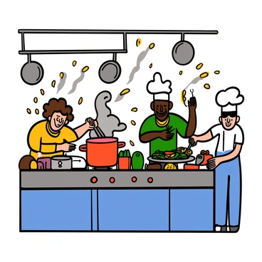 A bustling kitchen filled with activity. There are several chefs with light and dark skin working together. One chef with curly hair is stirring a large pot on the stove, while another chef with long hair is flipping vegetables in a sizzling pan. There are pots hanging from a rack above, and the countertop is filled with various fresh ingredients. A cloud of steam rises from the pots, and the warm light from the overhead lamps highlights the excitement and energy of the culinary scene.