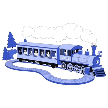 A vintage steam train is traveling along a winding track. The train has ornate compartments with intricate carvings and plush seating visible through the large windows. Smoke billows from the locomotive, creating a dramatic effect as it moves. Passengers can be seen through the windows, some engaged in conversation, while others appear to be deep in thought. The atmosphere inside the compartments hints at a mystery waiting to be unraveled before the train reaches its destination. The train's wheels are in motion, and the surrounding landscape features tall trees and distant mountains, adding to the scene's intrigue.