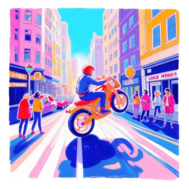 A rider dressed in a bright red helmet and a sleek black leather jacket is performing a daring stunt on a busy city street. The rider is executing a wheelie on a powerful motorcycle, with the front wheel lifted high off the ground. Surrounding the rider, several surprised pedestrians are watching, some with their phones out, capturing the moment. The street is lined with tall skyscrapers reflecting the sunlight, and cars are parked along the sides, adding to the bustling atmosphere. A clear blue sky is visible above, completing the cityscape.