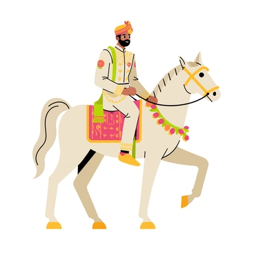 A groom dressed in an ornate traditional sherwani featuring intricate embroidery and vibrant colors. He sits confidently atop a decorated white horse adorned with colorful garlands and a richly patterned saddle blanket. The horse’s mane is braided with ribbons, adding elegance to the scene. The background includes hints of a festive atmosphere, with soft drapery and decorative elements that highlight the celebratory nature of the occasion.