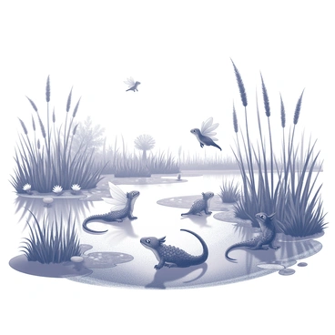 A marshland landscape featuring lush reeds and tall grass swaying gently. In the foreground, several small whimsical fairies with delicate wings flutter among the flowers. Their features are intricate, capturing the magic of the scene. Nearby, tiny dragons with scaled bodies and outstretched wings hover above the water's surface, their expressions curious and playful. The marsh is dotted with patches of lily pads and shimmering water, reflecting the surrounding greenery. In the distance, a cluster of whimsical trees adds to the enchanting atmosphere of the setting.