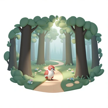 A peep walking through a peaceful forest with tall trees and dappled sunlight