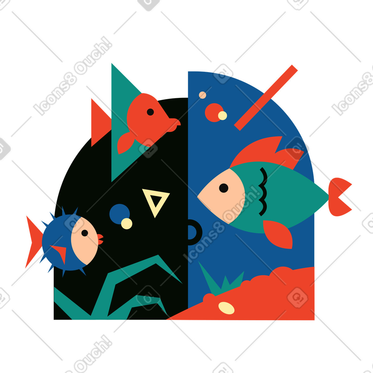 Polar スタイルの 水中を泳ぐさまざまな魚 のイラストをPNG、SVG形式でダウンロード